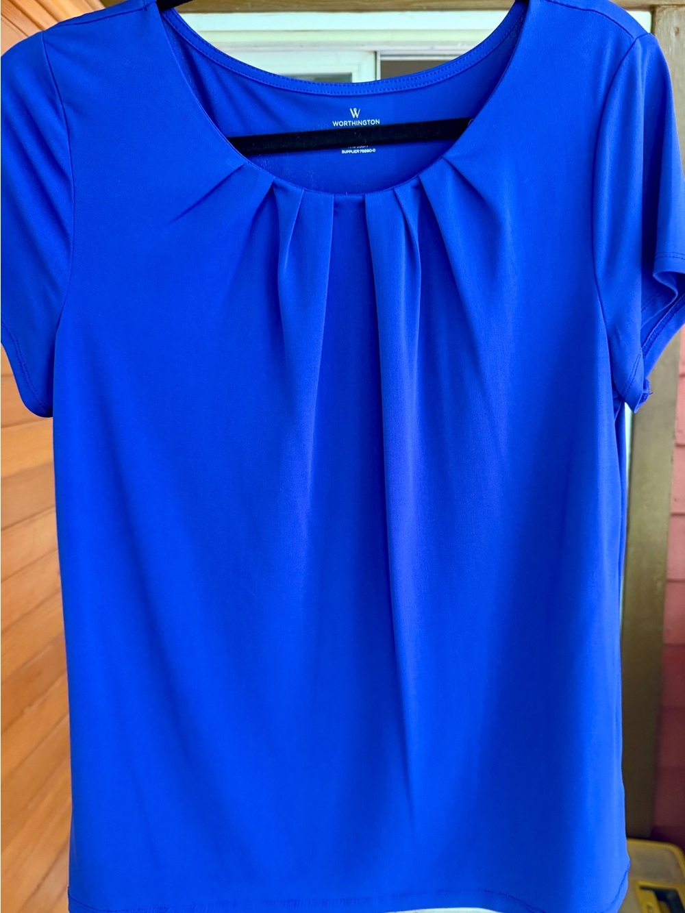 Worthington Cobalt Blue Short-Sleeve Pleated Neck Top